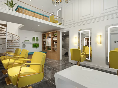 Beauty Hair Salon Modern Interior With Yellow Chairs Mirrors Spiral Staircase Green Plants White Counter 3d model
