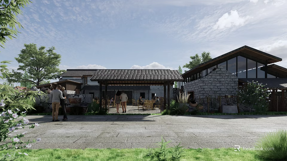 Rustic Country Courtyard With Traditional Tile Roof Stone Walls Trees And People 3d model 