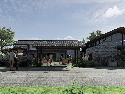Rustic Country Courtyard With Traditional Tile Roof Stone Walls Trees And People 3d model