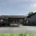 Rustic Country Courtyard With Traditional Tile Roof Stone Walls Trees And People