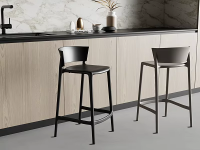 Minimalist Black Bar Stools In Modern Kitchen With Marble Counter And Wooden Cabinets 3d model