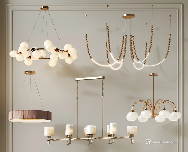 Elegant Chandelier Designs With Spherical Lights Chain Decor And Wooden Bases 3d model 