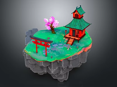 Red Traditional Building With Green Roof On Floating Island Torii Gate And Pink Tree 3d model