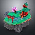 Red Traditional Building With Green Roof On Floating Island Torii Gate And Pink Tree