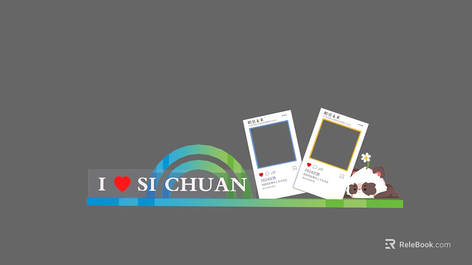 Sichuan Photo Check In Spot With Rainbow Design Photo Frames And Panda Decor 3d model 