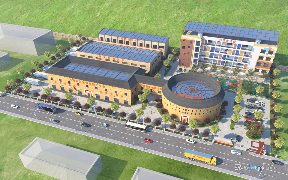 Modern Industrial Factory Complex With Solar Roofs Green Landscaping And Road Access 3d model 
