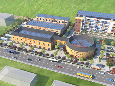 Modern Industrial Factory Complex With Solar Roofs Green Landscaping And Road Access 3d model