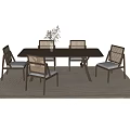 Rectangular Wooden Dining Table Set With Five Woven Chairs And Light Colored Rug 3d model