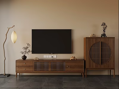 Modern Living Room With TV Stand Floor Lamp And Wooden Cabinet Decor 3d model
