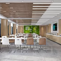 Modern Cafeteria Interior With Long Tables Chairs Buffet Counter And Wooden Ceiling