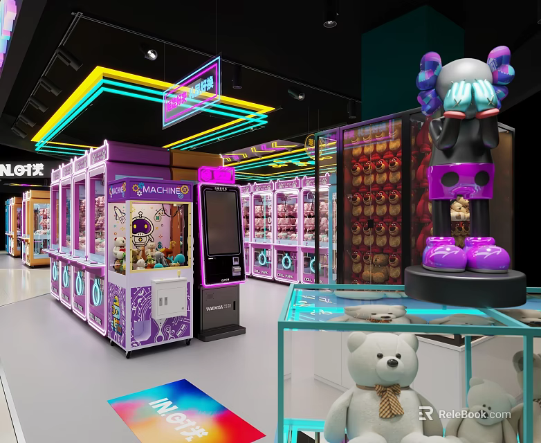 Vibrant Arcade Room With Claw Machines Neon Lights Stuffed Toys And Large Doll Sculpture 3d model 