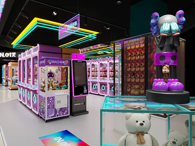 Vibrant Arcade Room With Claw Machines Neon Lights Stuffed Toys And Large Doll Sculpture 3d model