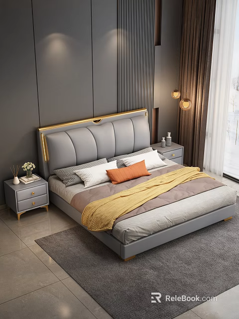 Modern Double Bed With Gray Headboard Gold Frame Pillows And Nightstands 3d model 