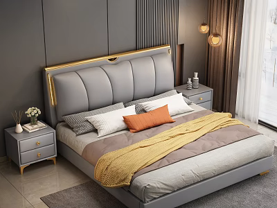 Modern Double Bed With Gray Headboard Gold Frame Pillows And Nightstands 3d model