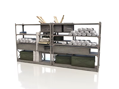 Industrial Metal Shelves Storage Unit With Rolled Items Wooden Crates And Green Boxes 3d model