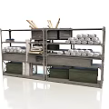 Industrial Metal Shelves Storage Unit With Rolled Items Wooden Crates And Green Boxes