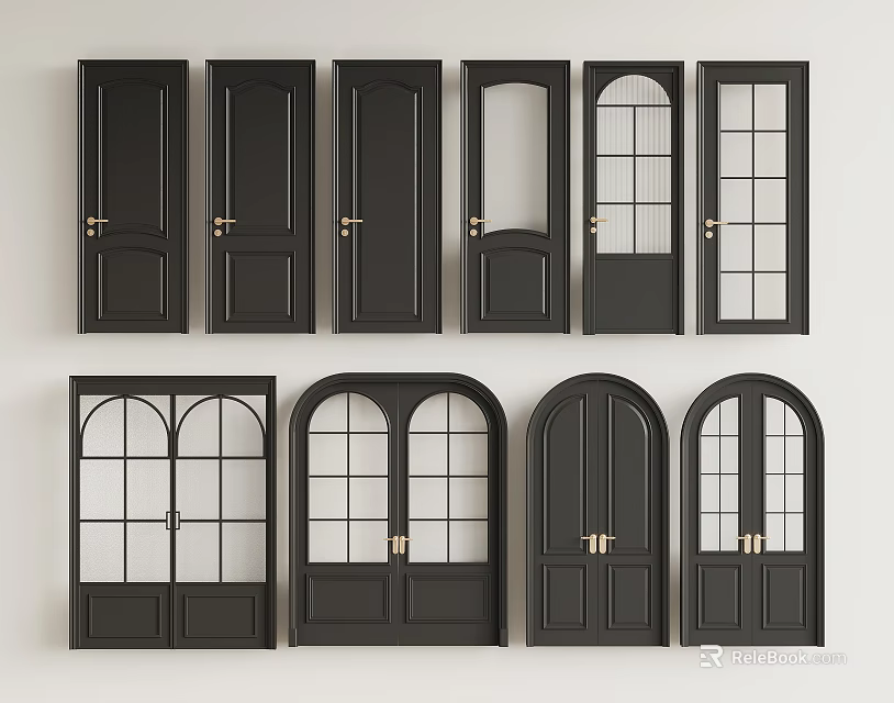 Black Hinged Doors with Various Designs Including Glass Panels and Arched Styles 3d model