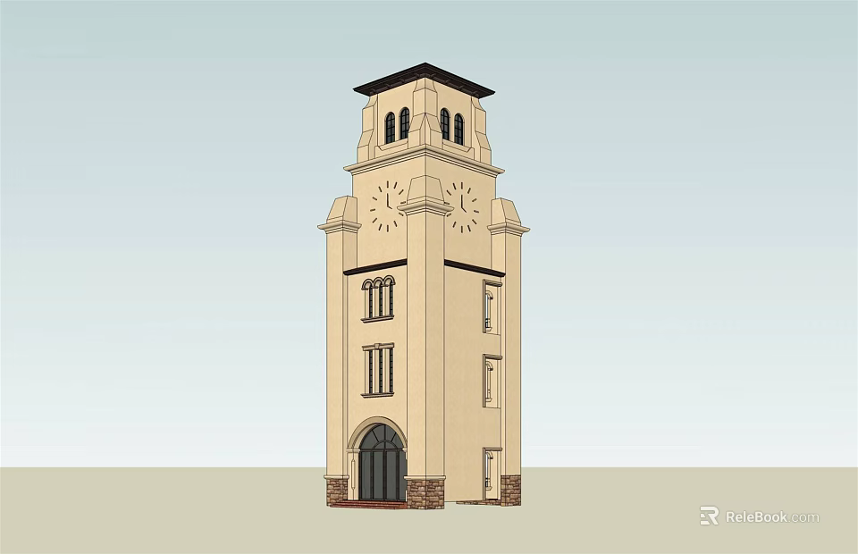 Beige Clock Tower With Arched Windows Black Roof And Decorative Details 3d model 