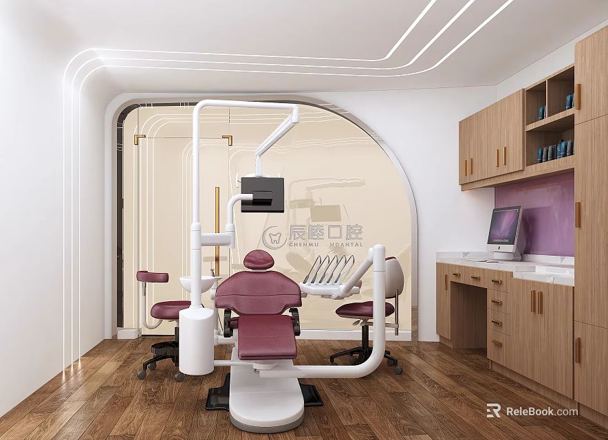 Modern Dental Clinic Interior with Red Dental Chair Medical Equipment and Wooden Cabinets 3d model 