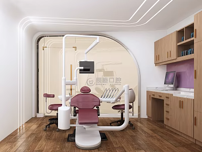 Modern Dental Clinic Interior with Red Dental Chair Medical Equipment and Wooden Cabinets 3d model