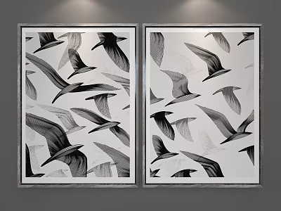 Black and White Bird Art Framed Wall Paintings With Multiple Flying Birds 3d model