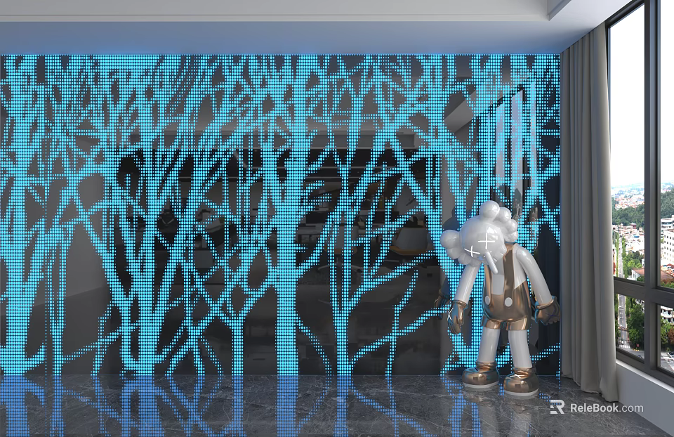 Modern Black Wall Panel With Blue Tree Line Design In Interior Space And Decorative Sculpture 3d model 