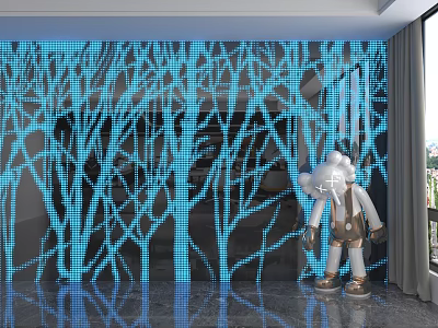 Modern Black Wall Panel With Blue Tree Line Design In Interior Space And Decorative Sculpture 3d model