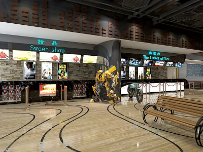 Cinema Lobby Interior With Sweet Shop Movie Posters Robot Decor Box Office And Benches 3d model
