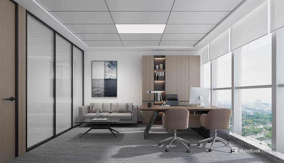 Modern Minimalist Executive Office Interior With Working Desk Lounge Sofa And Large Window Views 3d model 
