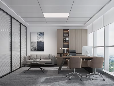 Modern Minimalist Executive Office Interior With Working Desk Lounge Sofa And Large Window Views 3d model