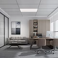 Modern Minimalist Executive Office Interior With Working Desk Lounge Sofa And Large Window Views