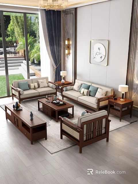 Modern Chinese Sofa and Coffee Table Set with Cushions Side Tables and Green Plants 3d model 