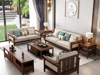 Modern Chinese Sofa and Coffee Table Set with Cushions Side Tables and Green Plants 3d model