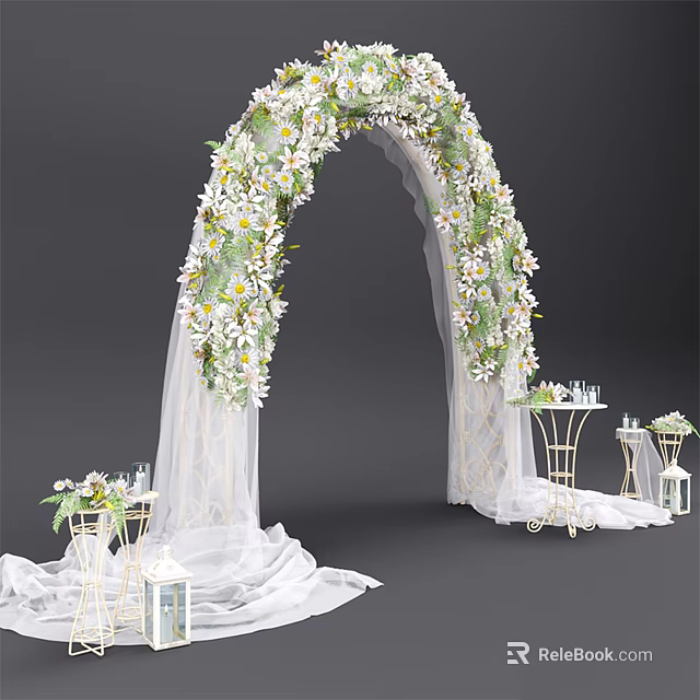 Decorative Event Entrance Arch With White Flowers Greenery White Drapes Small Tables And Lanterns 3d model 