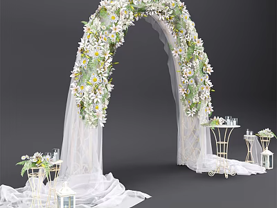 Decorative Event Entrance Arch With White Flowers Greenery White Drapes Small Tables And Lanterns 3d model