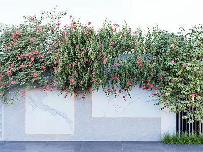 Climbing Vines With Red Flowers Covering Gray Wall Marble Panels And Metal Gate 3d model
