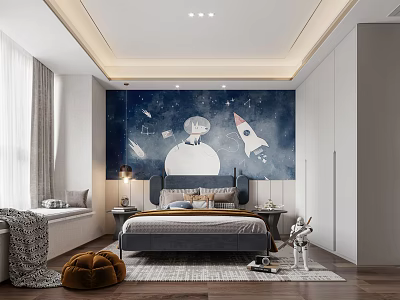 Modern Elegant Bedroom With Starry Sky Wall Astronaut Rocket Gray Bed Nightstand And Rug 3d model