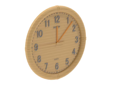 Round Wooden Wall Clock With Bamboo Design Frame Black Numbers And Orange Hands 3d model