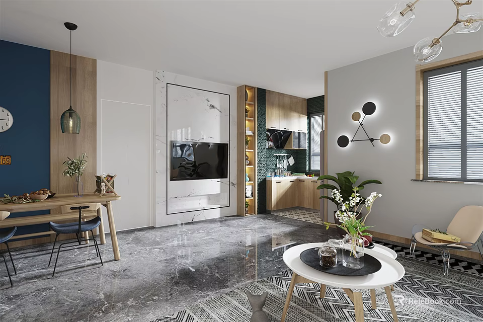 Modern Living and Dining Room Interior Design With Sofa Coffee Table Dining Table and Marble Flooring 3d model 