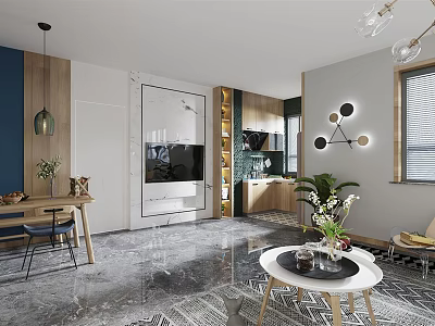 Modern Living and Dining Room Interior Design With Sofa Coffee Table Dining Table and Marble Flooring 3d model