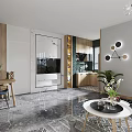 Modern Living and Dining Room Interior Design With Sofa Coffee Table Dining Table and Marble Flooring