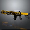 Futuristic Yellow Weapon With Multiple Circular Cylinders Black Grip And Stand 3d model