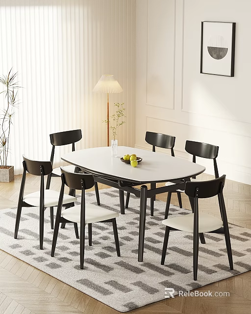 Minimalist Dining Table And Chairs Set With Oval White Tabletop Black Chairs And White Seats 3d model 