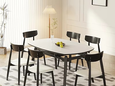 Minimalist Dining Table And Chairs Set With Oval White Tabletop Black Chairs And White Seats 3d model
