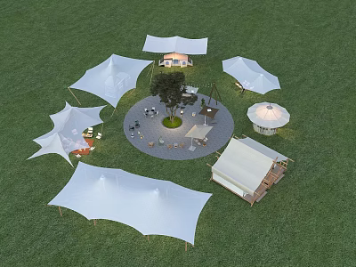 Outdoor Industrial Equipment Display Site With Circular White Tents And Central Square On Green Grassland 3d model
