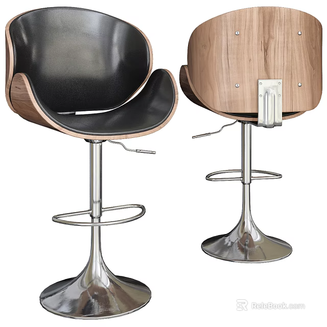 Modern Bar Stools With Black Leather Seat Wooden Backrest And Sleek Metal Base Design 3d model 
