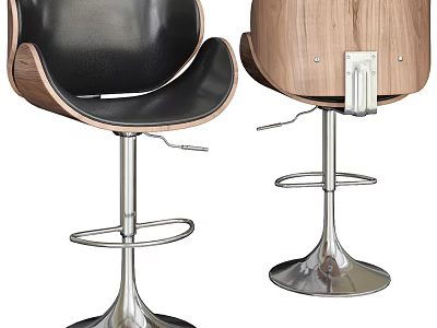 Modern Bar Stools With Black Leather Seat Wooden Backrest And Sleek Metal Base Design 3d model