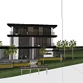 Modern Detached Villa Exterior With Large Windows Balcony And Landscaped Garden