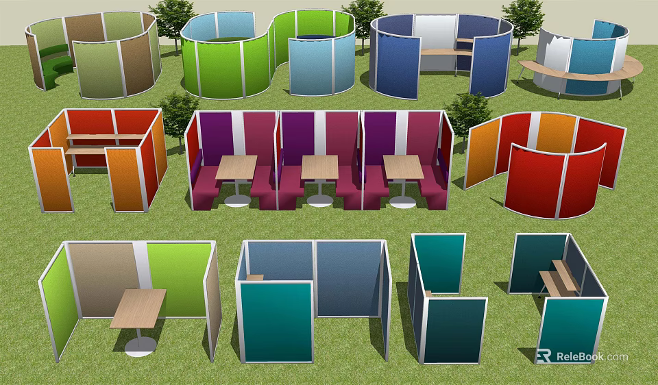 Colorful Public Chairs With Various Shapes Partitioned Design And Tables In Outdoor Grass Area With Trees 3d model 