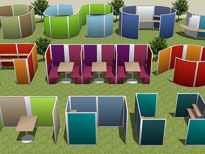 Colorful Public Chairs With Various Shapes Partitioned Design And Tables In Outdoor Grass Area With Trees 3d model